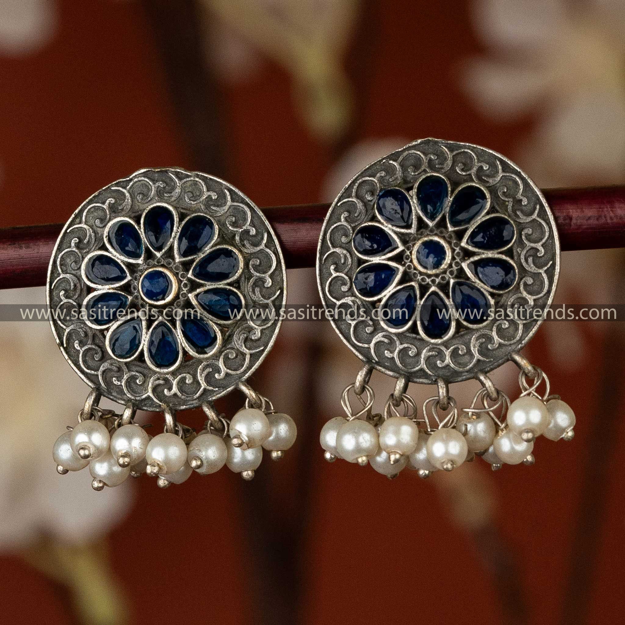 Trendy Oxidised Blue Stones Stud Floral Pattern Pearls Hanging Earrings Sasitrends