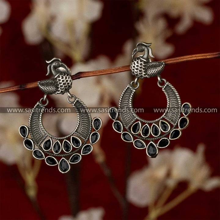 Swan Motif Semi Circle Black Earrings Trendy Oxidised Silver Look Online Shopping