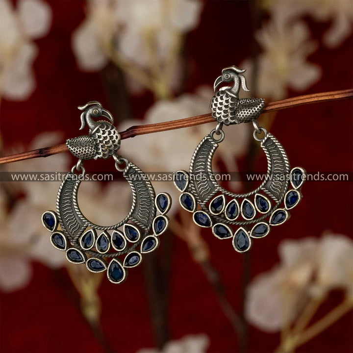 Swan Motif Semi Circle Blue Earrings Oxidised Silver Look Navarathiri Special Earrings