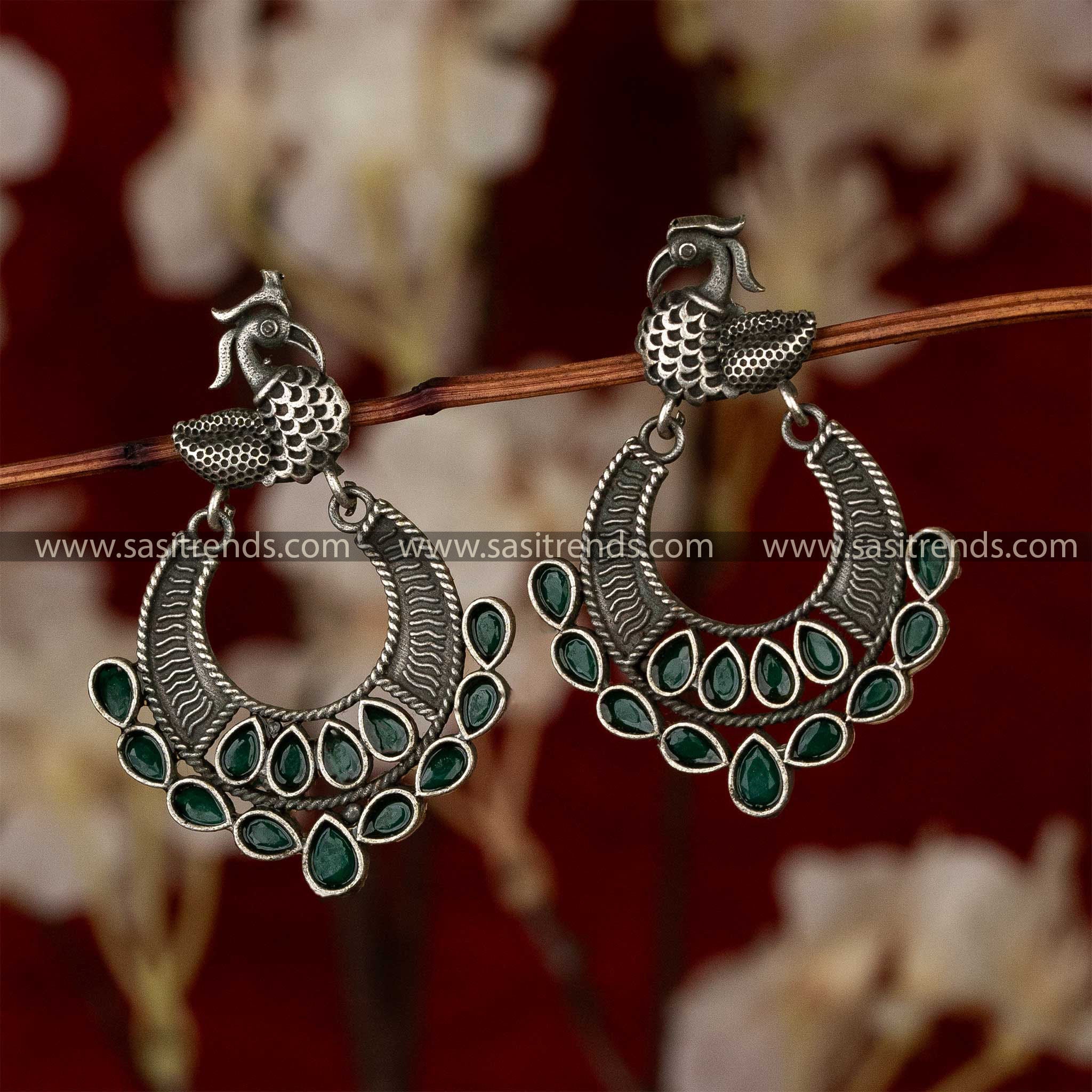 Swan Motif Semi Circle Emerald Green Earrings Latest Oxidised Silver Look Sasitrends 