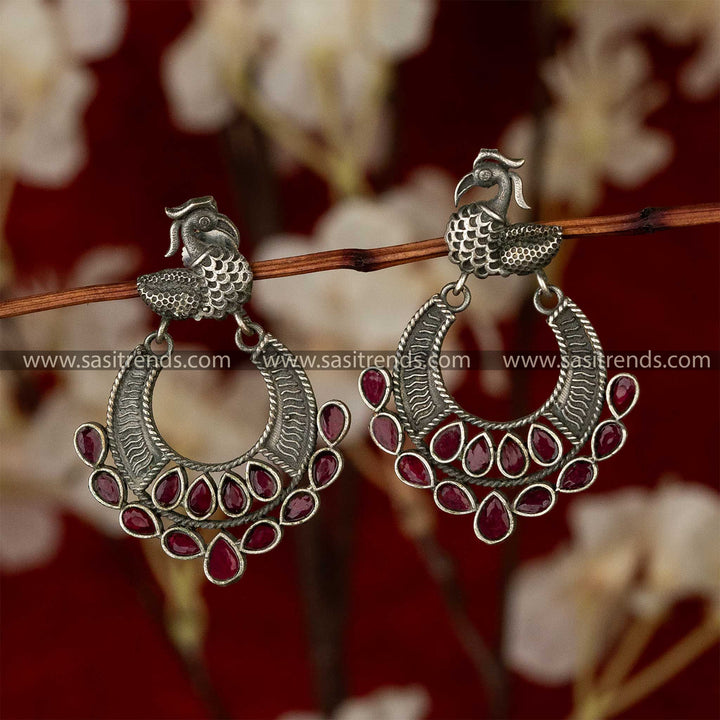 Elegant Swan Motif Silver-Look Oxidised Earrings with Waterdrop Gemstones