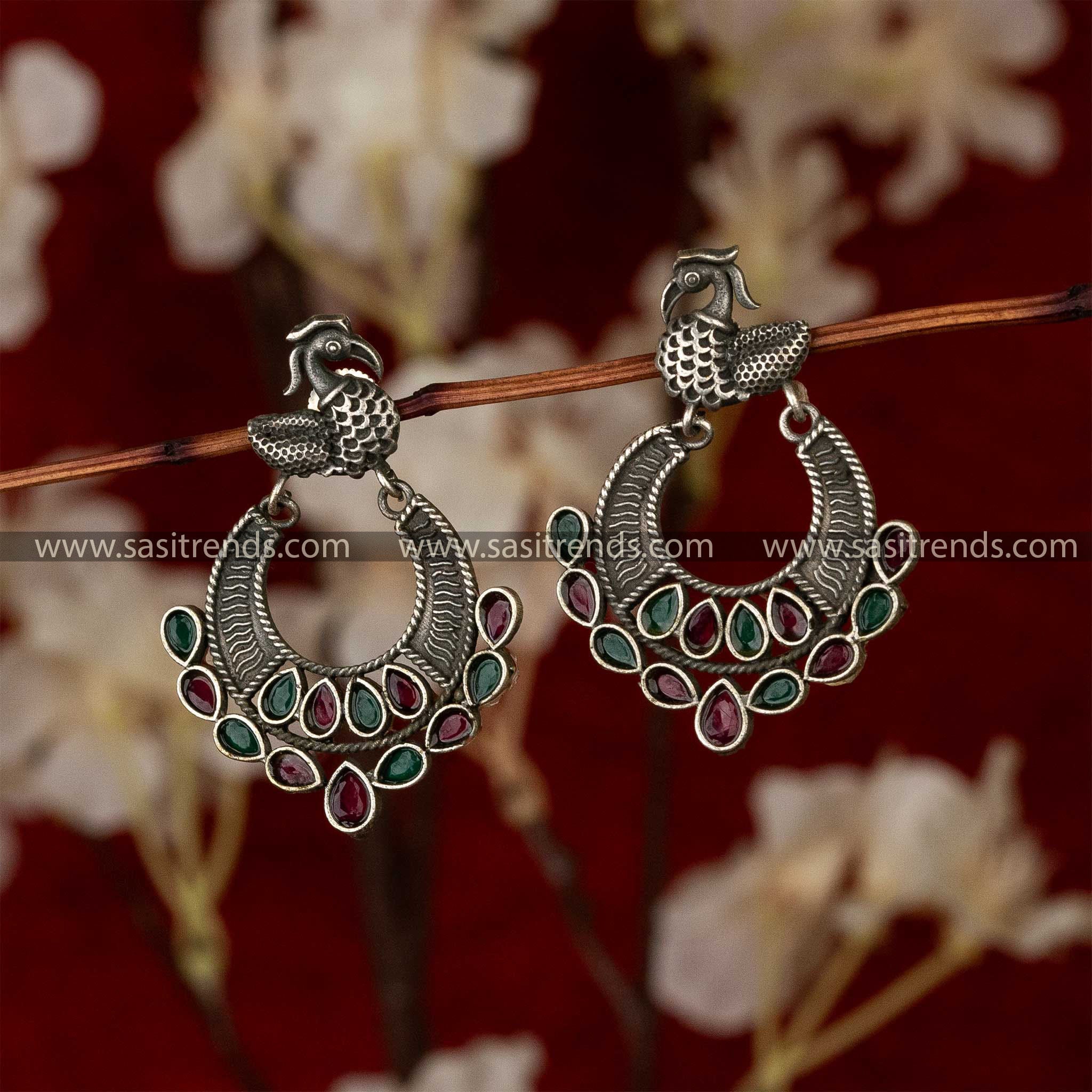 Swan Motif Semi Circle Ruby Green Earrings Latest Oxidised Silver Look Sasitrends Elegance