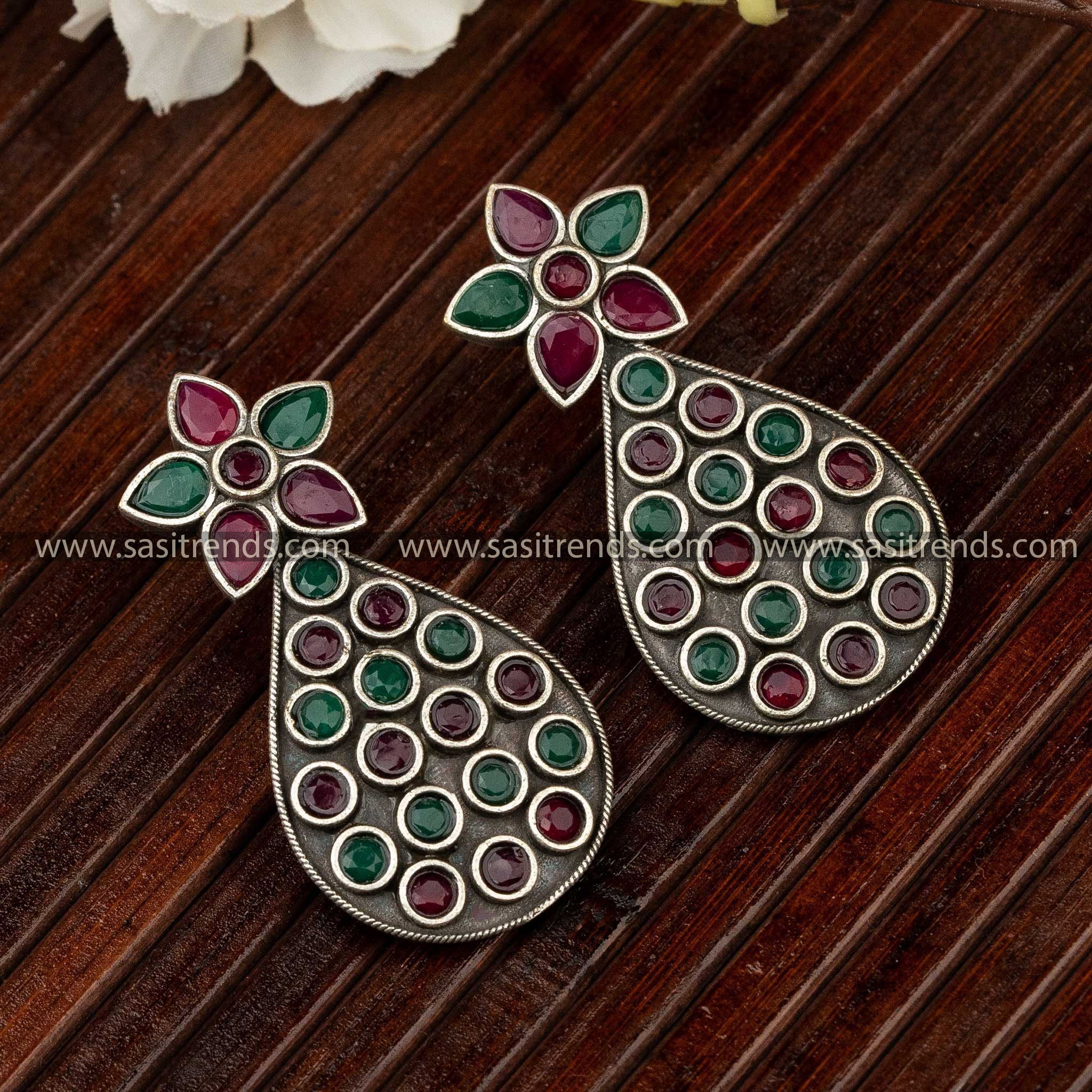 Latest Oxidised Flower Motif Pear Designer Earrings Online Shopping