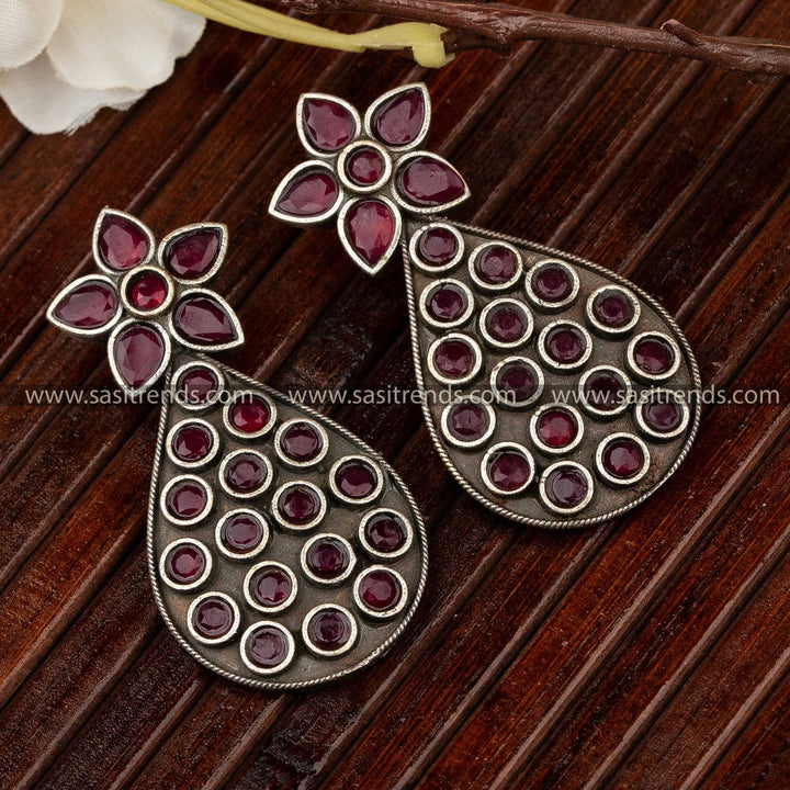 Latest Oxidised Ruby Stones Stud Flower Motif Earrings Sasitrends