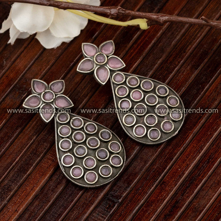 Latest Oxidised Soft Pink Stone Stud Pear Pattern Earrings Sasitrends 