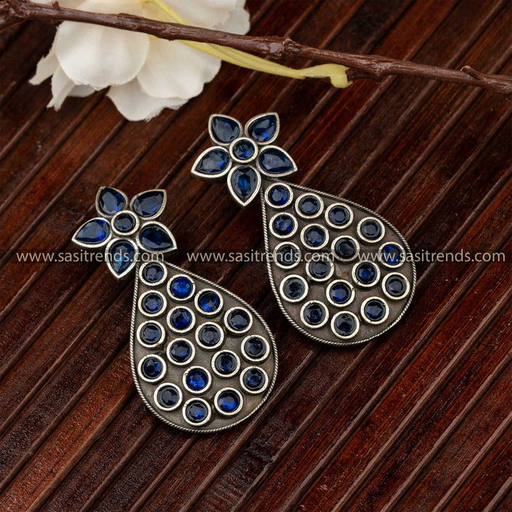 Trendy Oxidised Flower Motif Blue Stones Pear Shaped Earrings Online Shopping