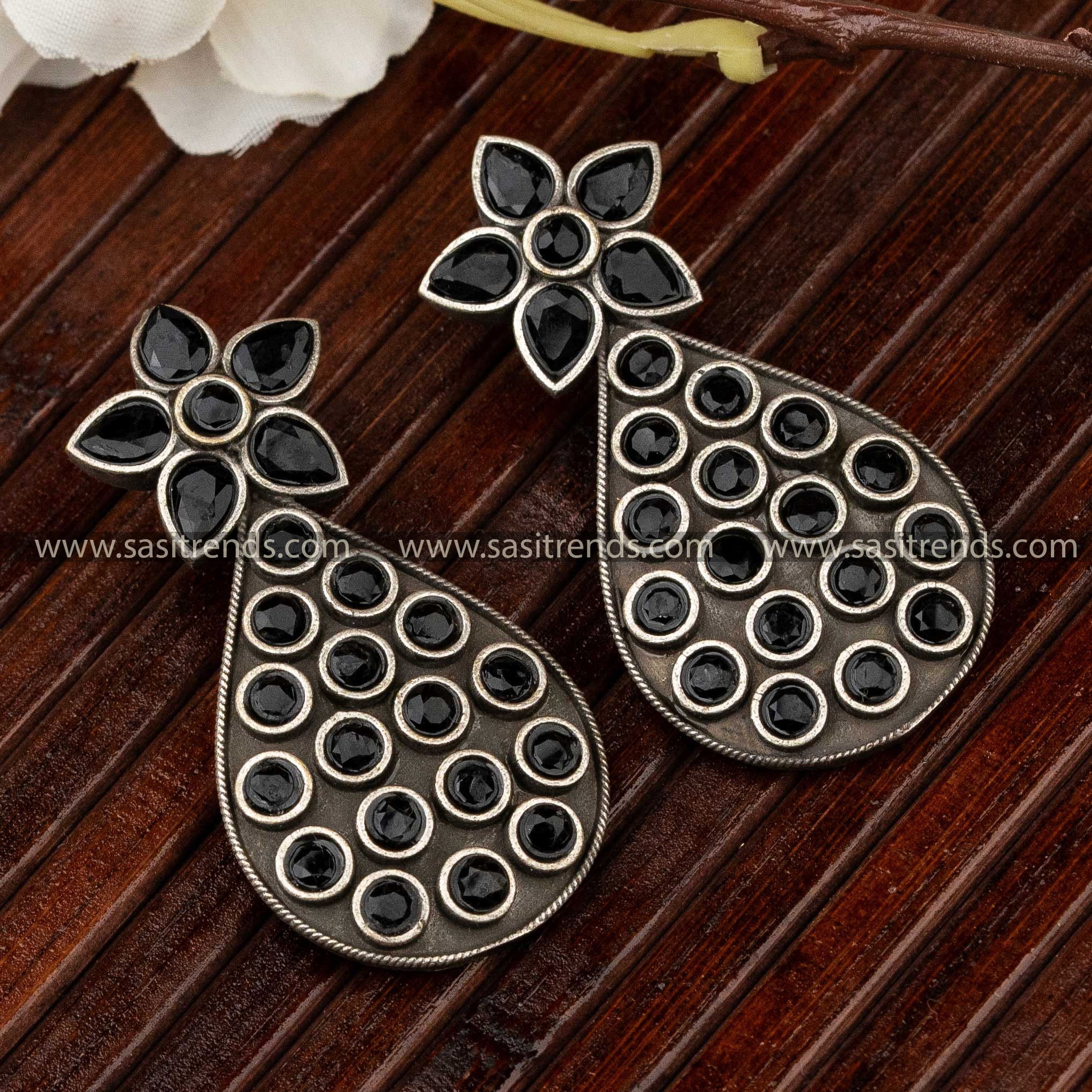 Trendy Traditional Oxidised Black Pear Shaped Earrings Online