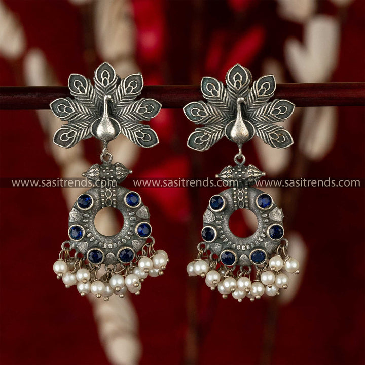 Elegant Oxidised Silver Peacock Earrings Blue Stone Stud Pearl Hanging 