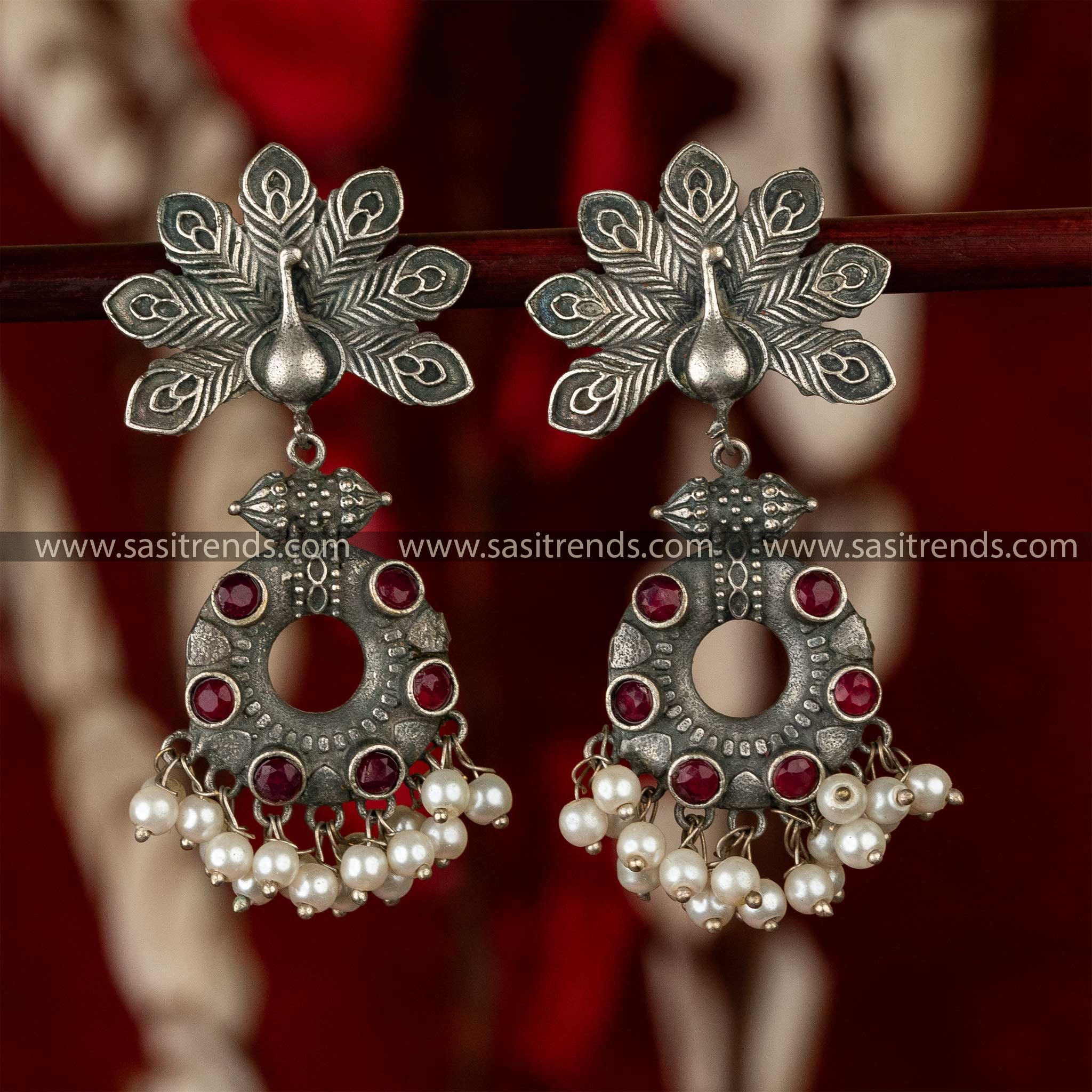 Exquisite Oxidised Silver Peacock Designer Ruby Stone Pearl Hanging Earrings