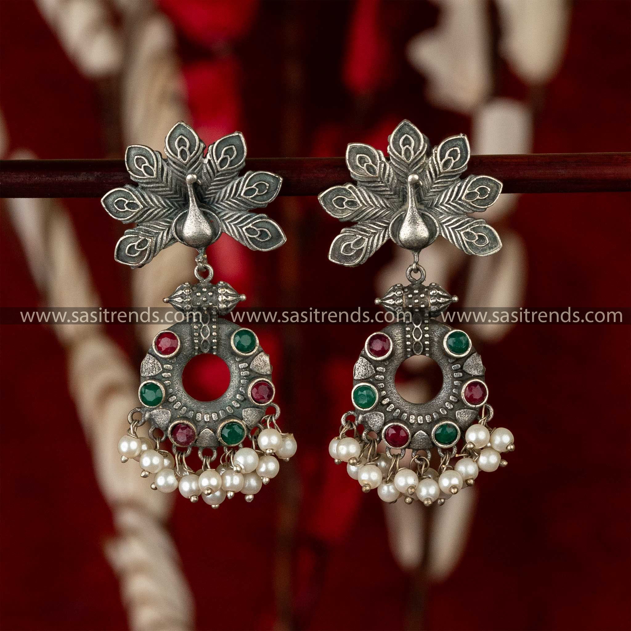 Latest Oxidised Peacock Designer Ruby Green Stone Studded Pearl Hanging Earrings