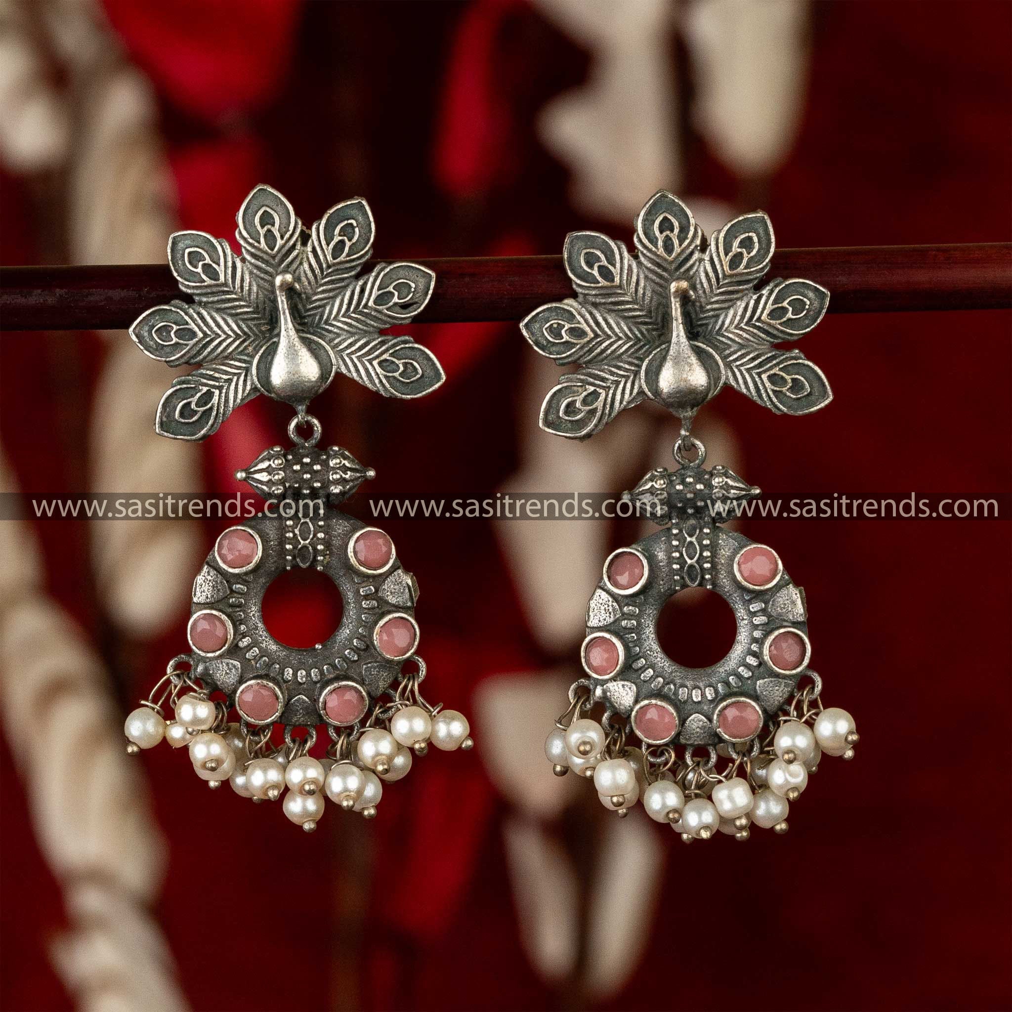 Latest Oxidised Silver Peacock Pattern Pink Stones Stud Earrings Sasitrends