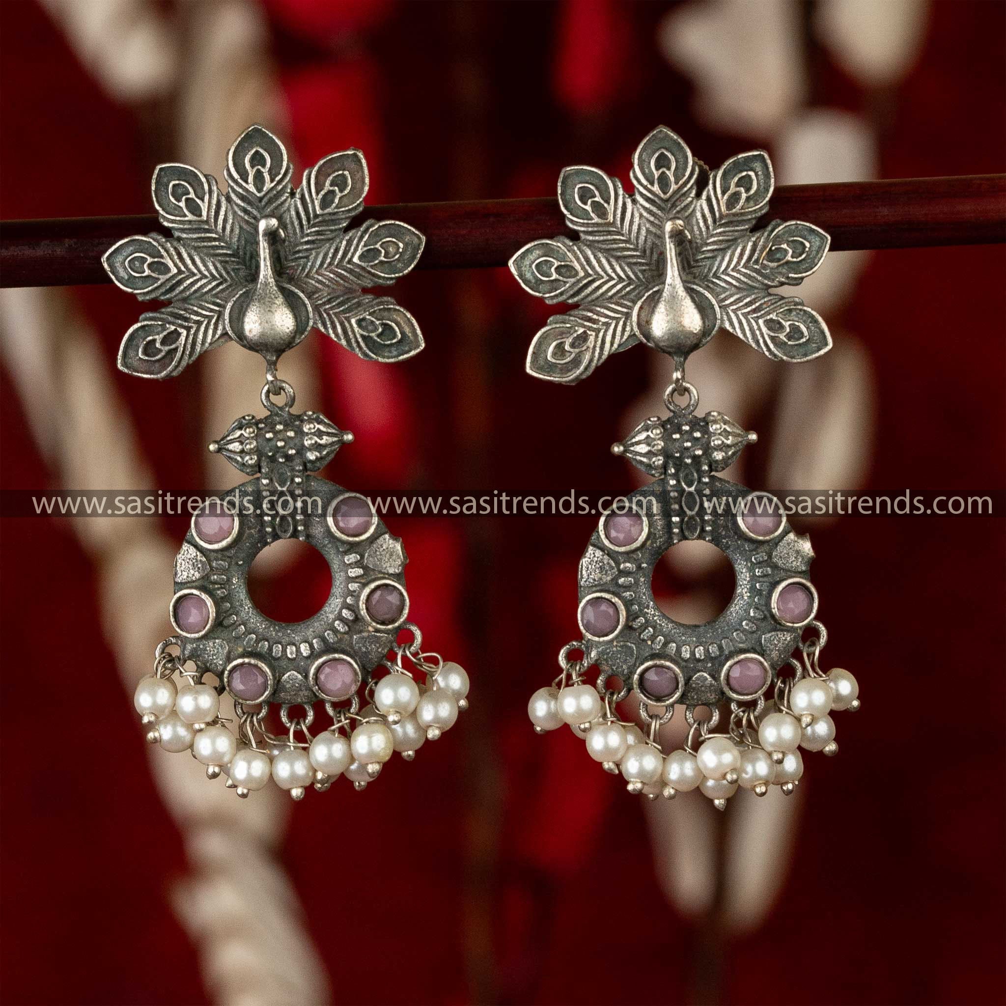 Refined Oxidised Silver Peacock Pattern Purple Stones Stud Earrings Sasitrends Online Shopping