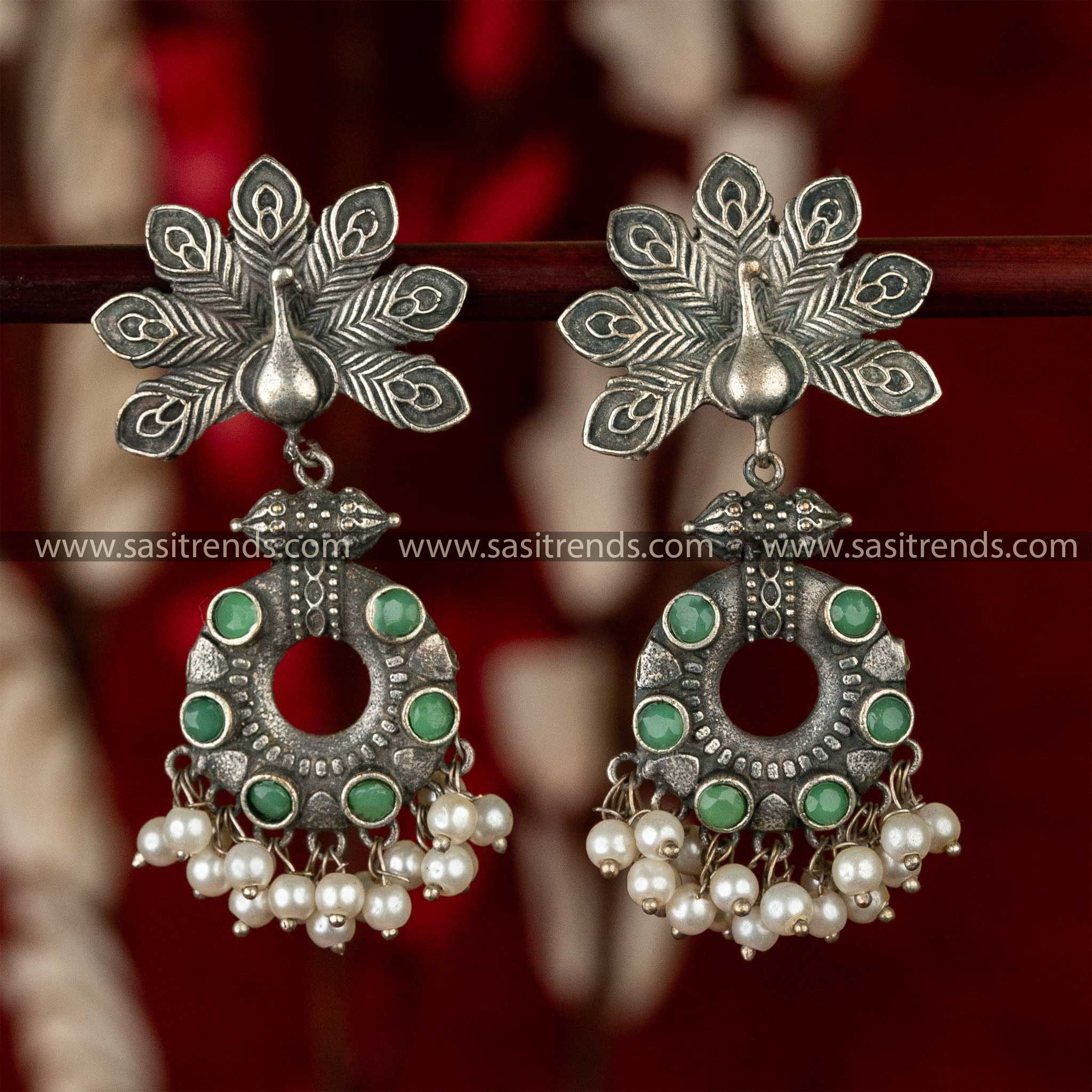 Traditional Oxidised Silver Peacock Designer Light Green Stone Stud Pearl Earrings