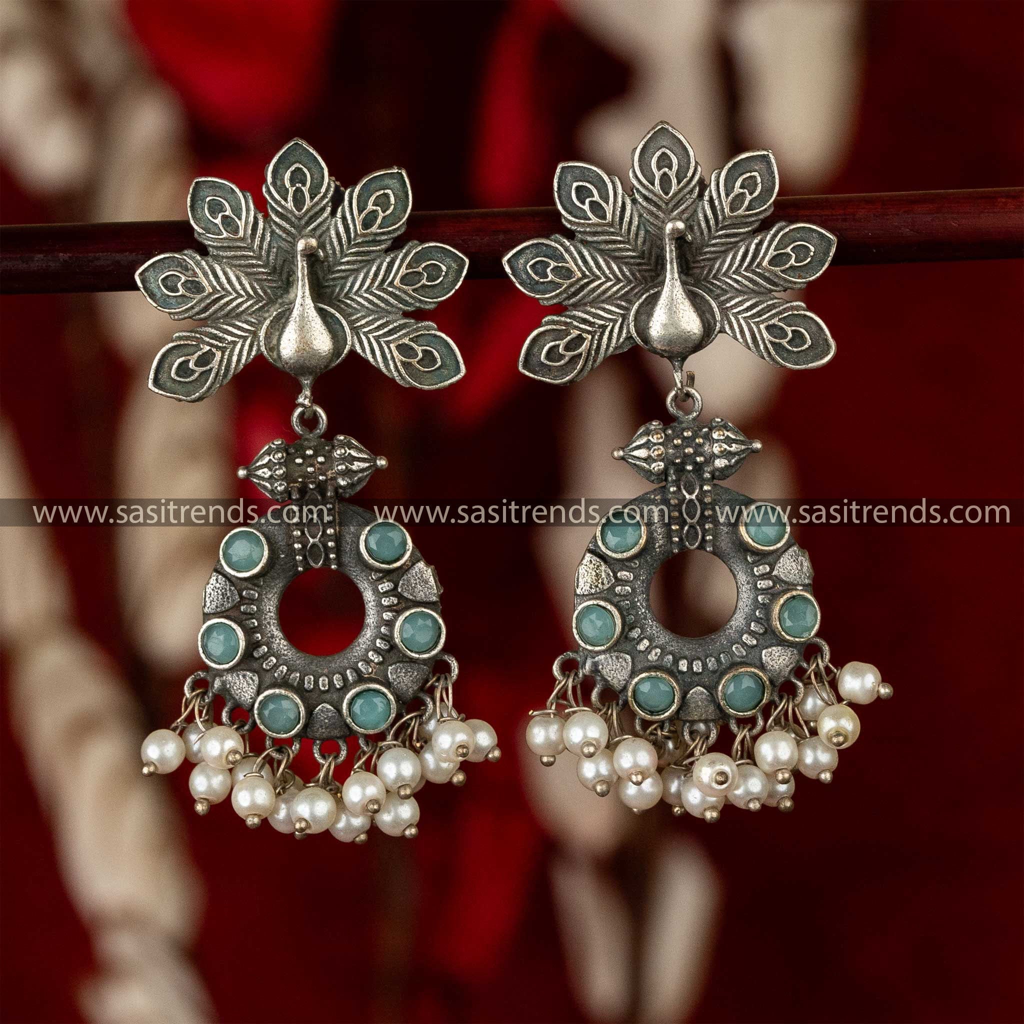 Trendy Oxidised Silver Peacock Designer Mint Stone Stud Pearl Hanging Earrings