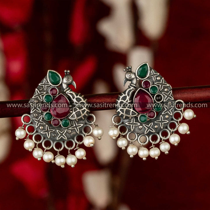 Oxidised Silver-Look Earrings with Peacock Motif and Waterdrop Center Stones Stud