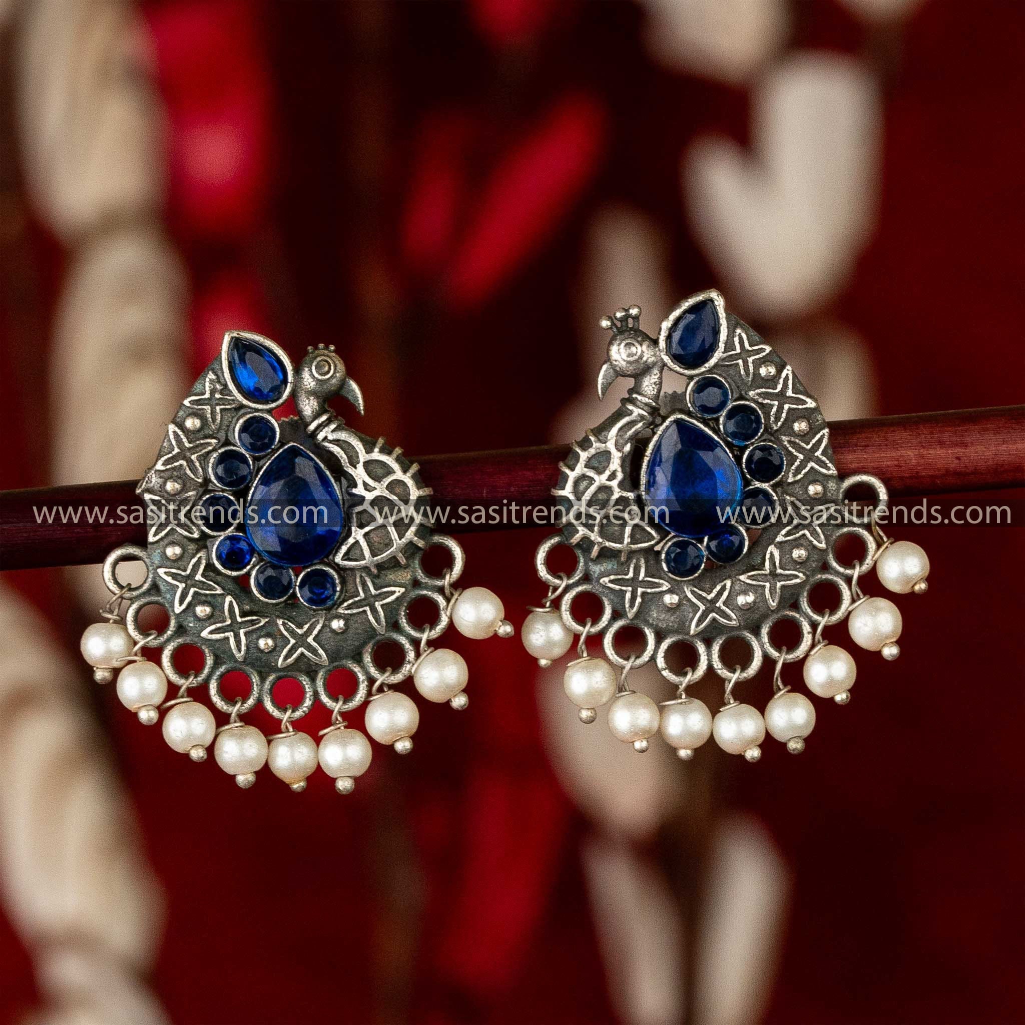 Elegant Oxidsed Peacock Designer Waterdrop Shaped Blue Stone Pearl Earrings Sasitrends