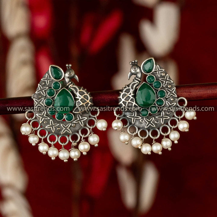 Latest Oxidsed Peacock Designer Waterdrop Shaped Green Stone Pearl Earrings Sasitrends Online Shopping