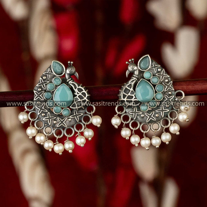 Latest Oxidsed Peacock Designer Waterdrop Shaped Mint Stone Pearl Earrings Sasitrends