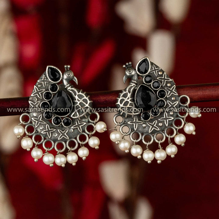 Trendy Oxidsed Peacock Designer Waterdrop Shaped Black Stone Pearl Hanging Earrings Sasitrends