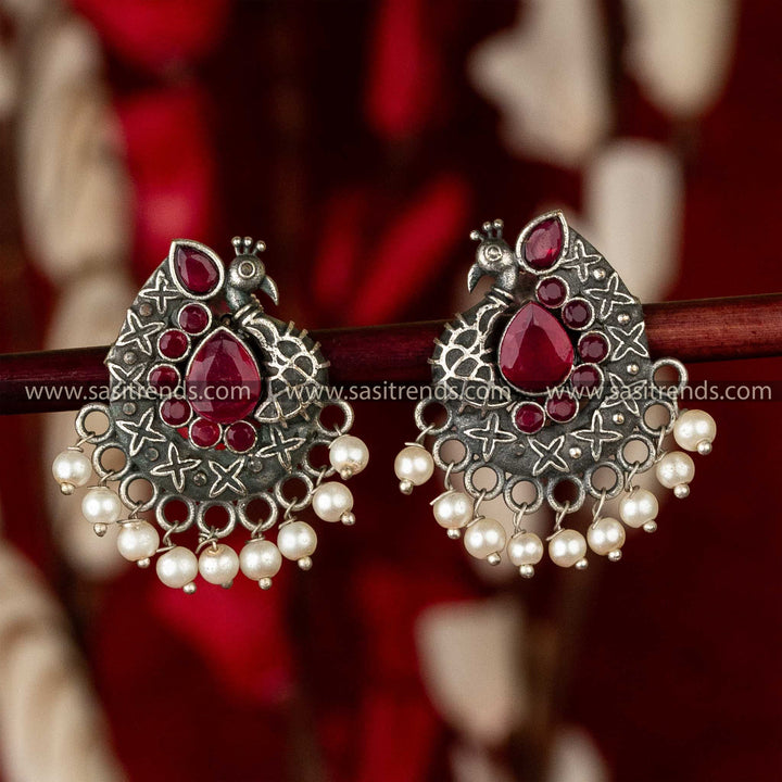 Trendy Oxidsed Peacock Designer Waterdrop Shaped Ruby Stone Pearl Earrings Sasitrends Online