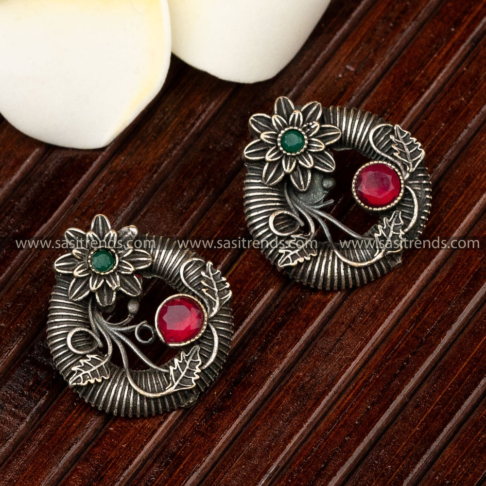 Floral Latest Oxidised Ruby Green Gemstone Earrings Online Shopping