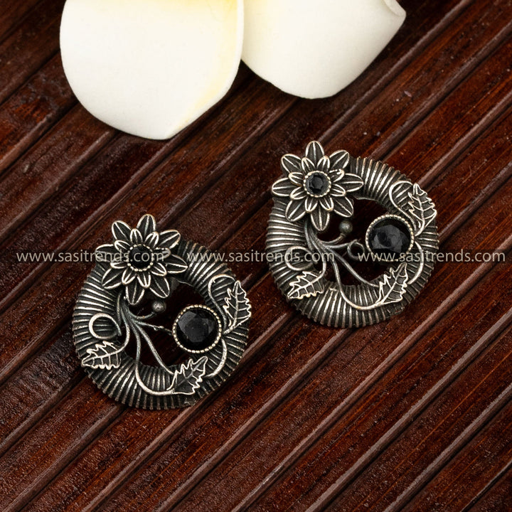 Floral Oxidised Silver Stud Black Gemstone Detail Earrings Sasitrends Online Shopping