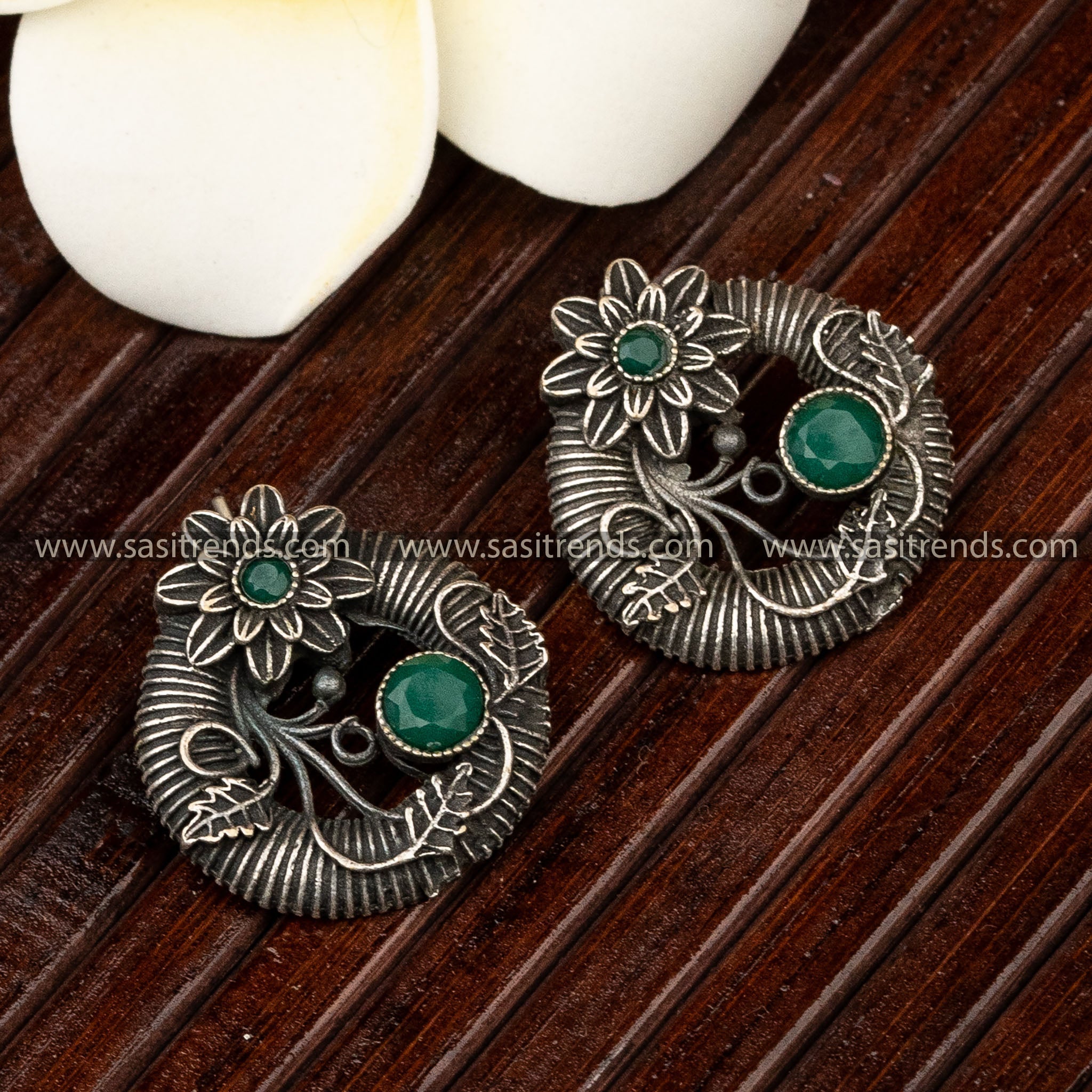 Floral Shaped Trendy Oxidised Silver Stud Green Gemstone Earrings Sasitrends 