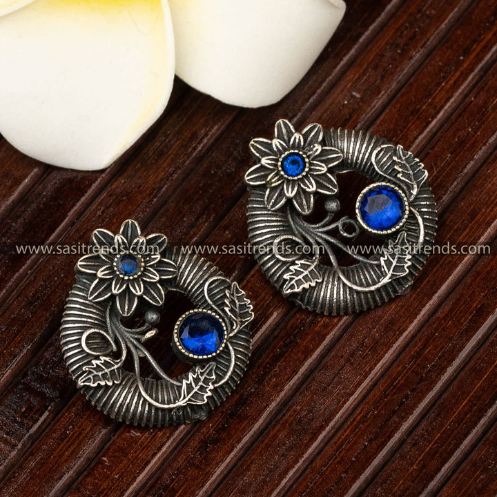 Floral Trendy Oxidised Silver Stud Blue Gemstone Earrings Intricate Online Shopping