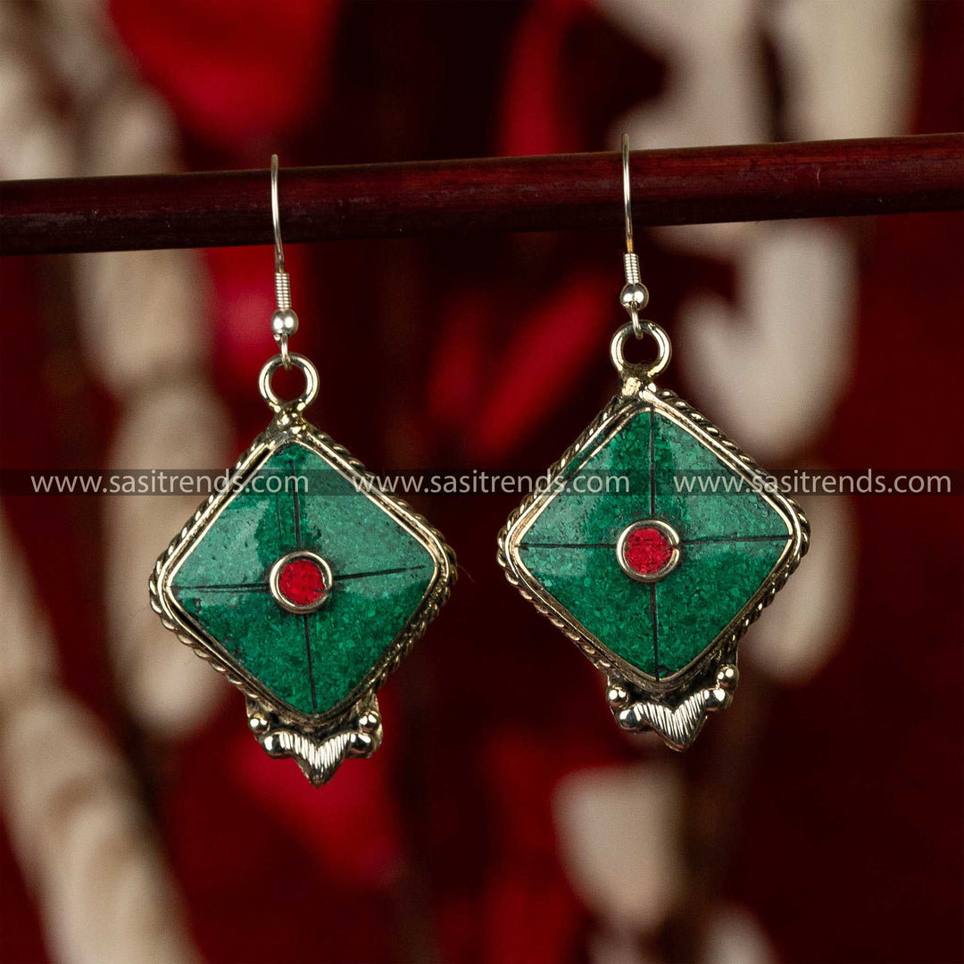 Tibetan Handmade Turquoise Earrings in Silver Alloy with Coral Accents - Spiritual and Artisanal