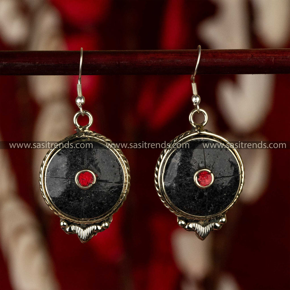 Tibetan Handmade Onyx Earrings in Silver Alloy with Coral Accents - Symbolic and Traditional Craft