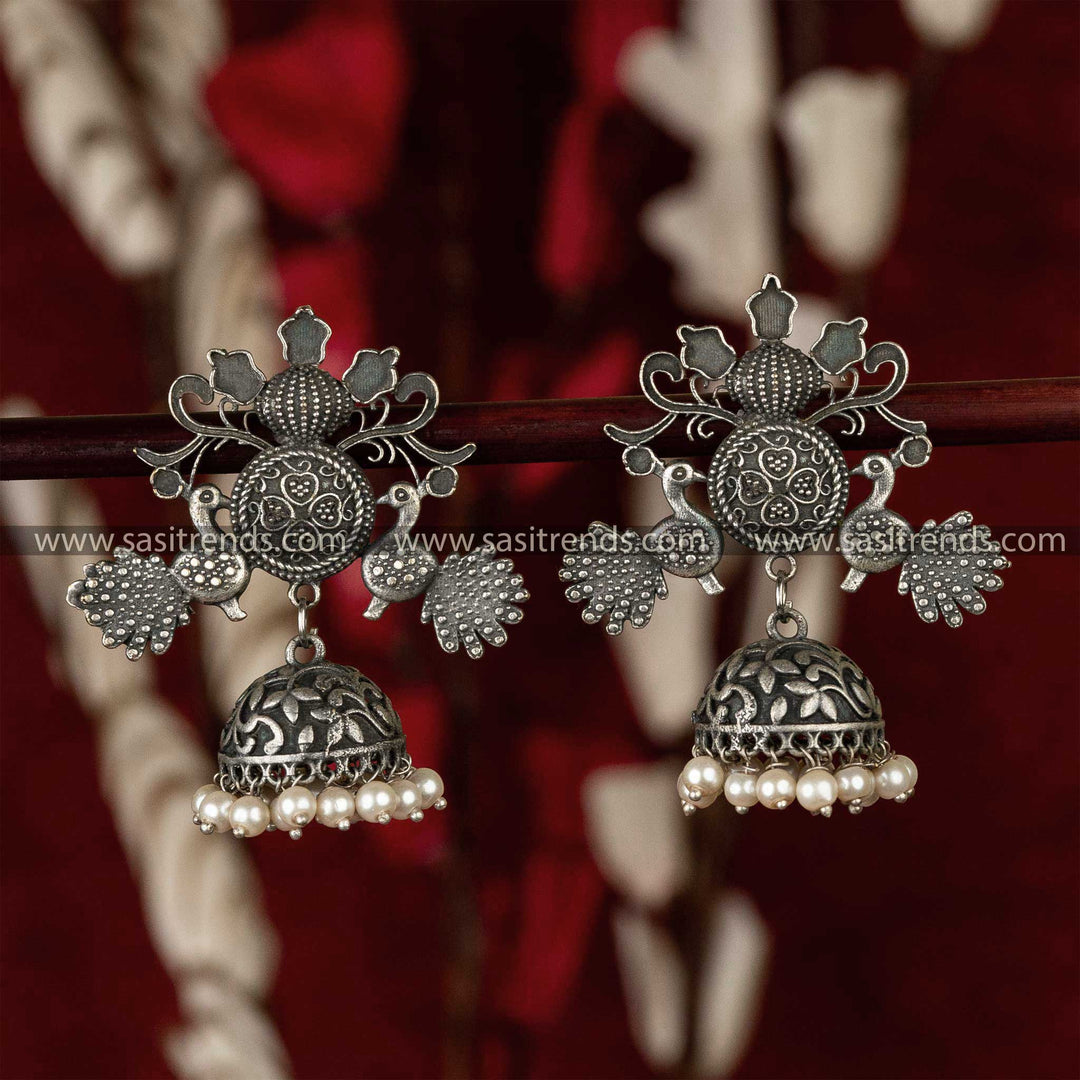 Latest Oxidised silver look alike peacock earrings with pearls for Navarathiri