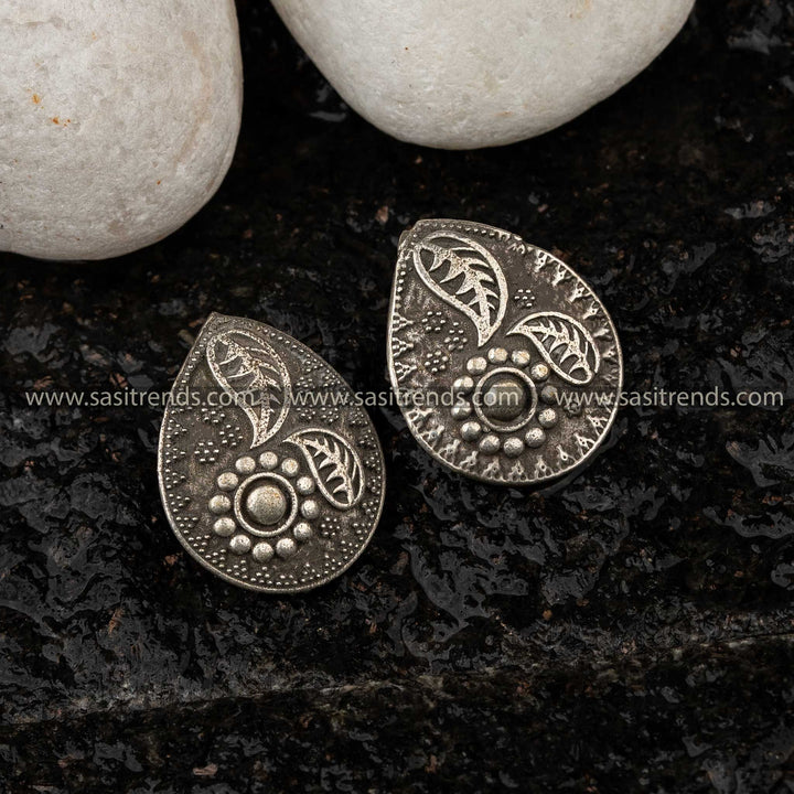 Silver Look Alike Oxidised Floral Stud Earrings for Navarathiri Sasitrends Online Shopping