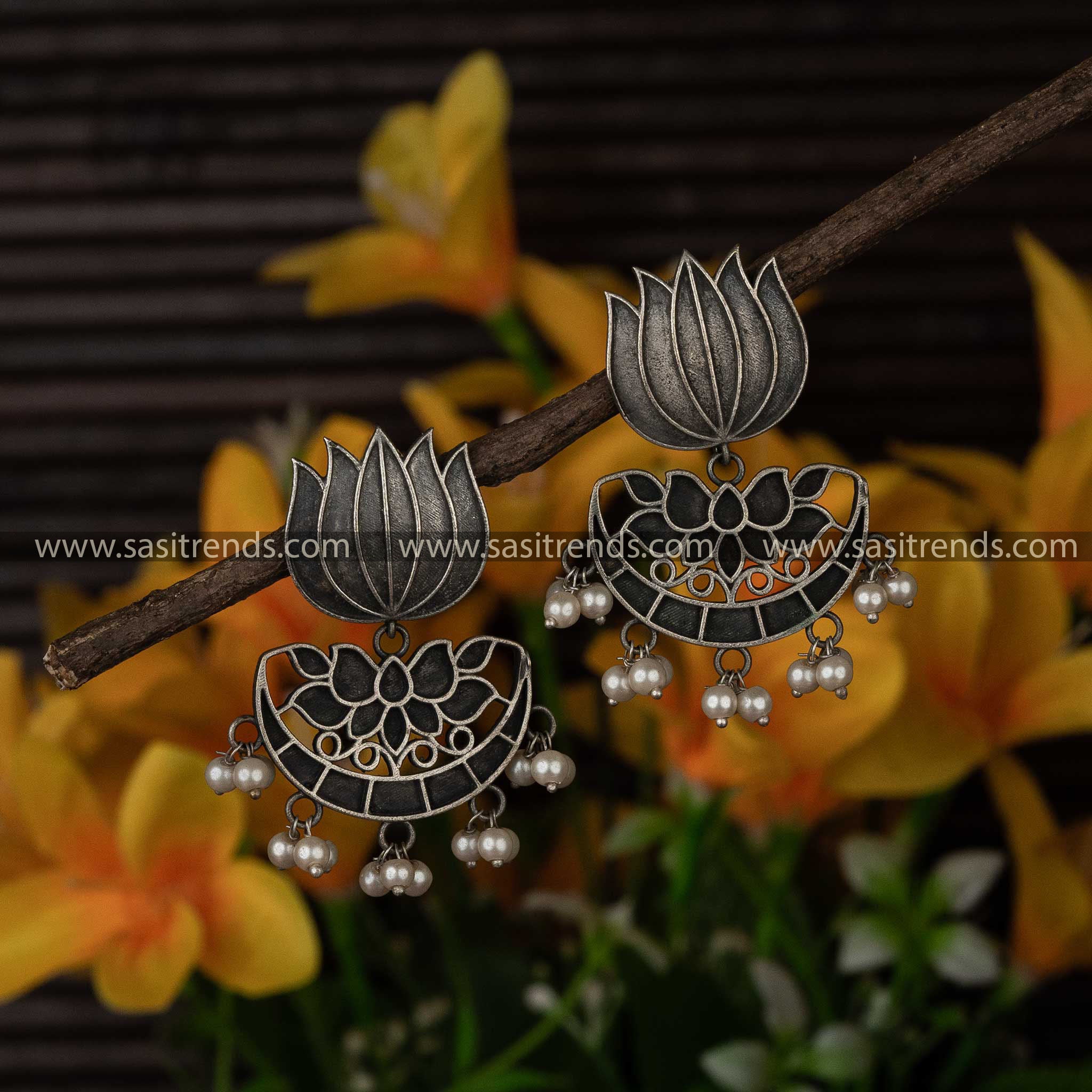 Oxidised Silver Look Alike Lotus Pearl Earrings for Navarathiri Sasitrends Special Elegance