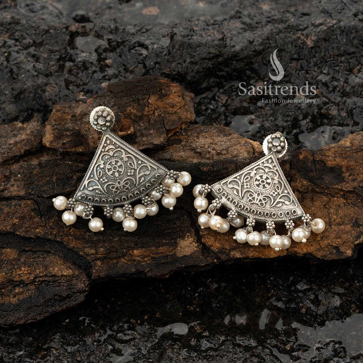 Antique Oxidised Silver Replica Triangular Shaped Earrings with Pearl Accents - Sasitrends