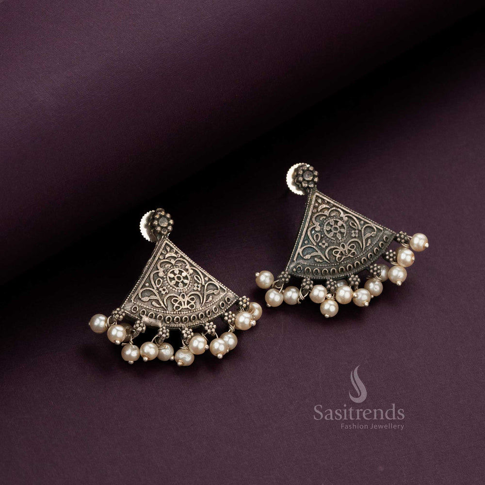 Elegant pearl-accented fan earrings in oxidised silver finish - Sasitrends