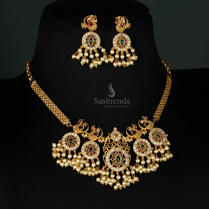 Matte gold-plated temple jewellery set with peacock motifs, pearls, and AD stones - Sasitrends