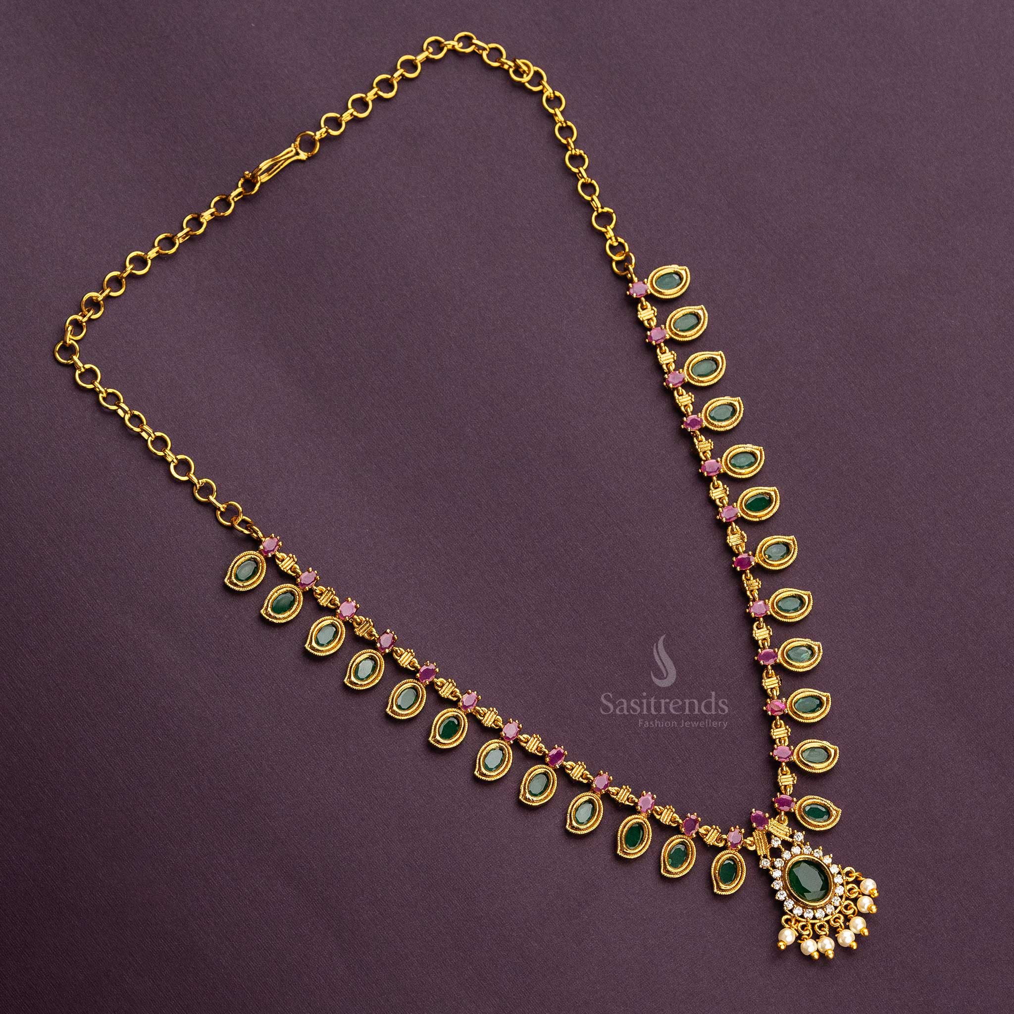 Traditional Micro Gold Plated Multi AD Stone Stud Pearl Hanging Palakka Necklace Sasitrends