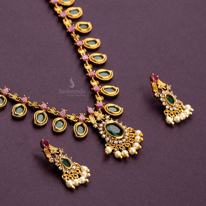 Traditional Micro Gold Plated Multi AD Stone Stud Pearl Hanging Palakka Jewellery Set Sasitrends