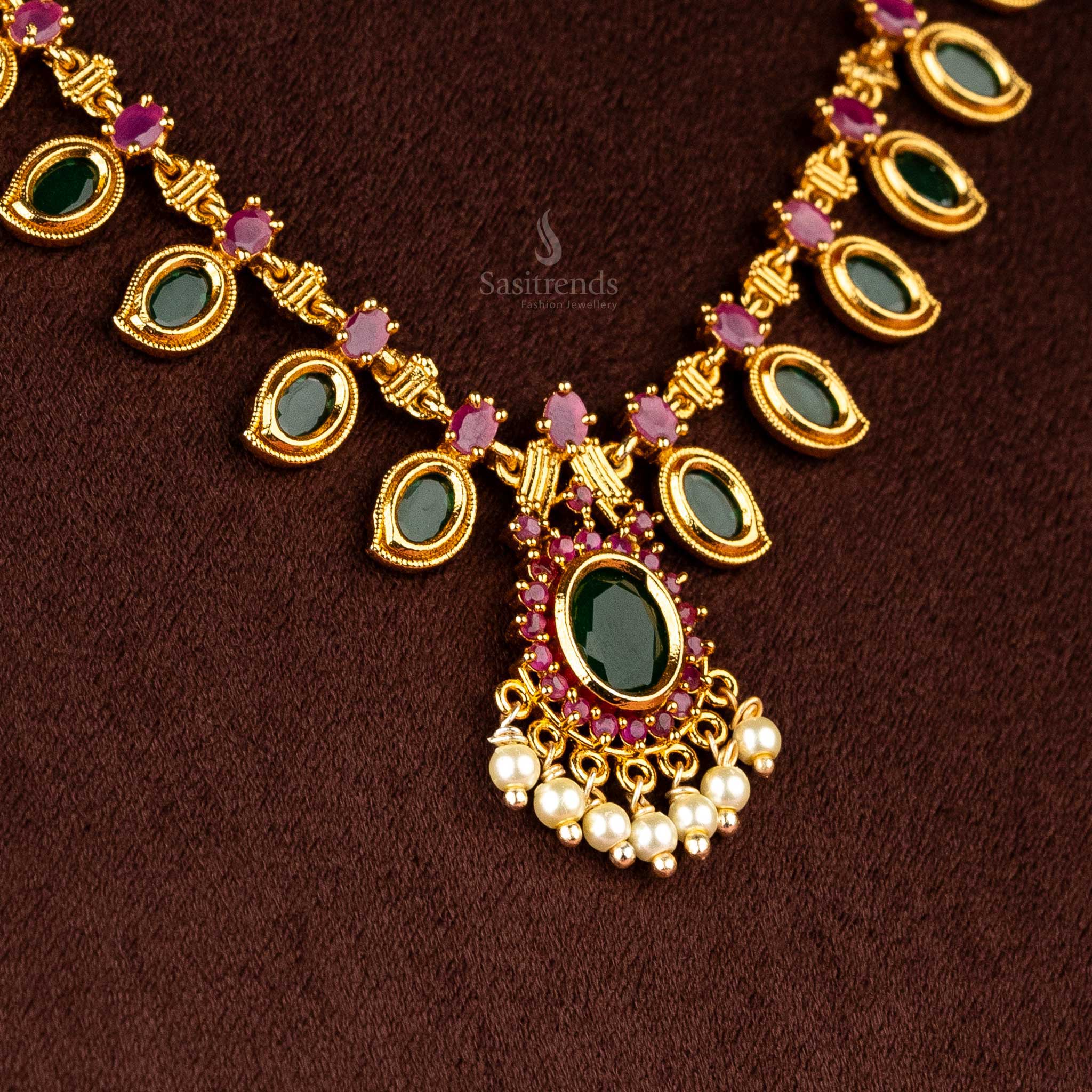 Guaranteed one gram micro gold plated ruby green pearl hanging palakka jewellery set sasitrends 