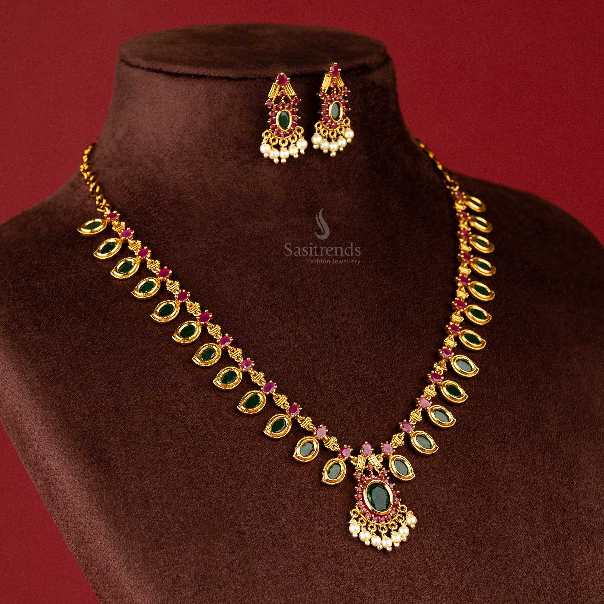 One gram micro gold plated ruby green pearl hanging palakka jewellery set sasitrends 