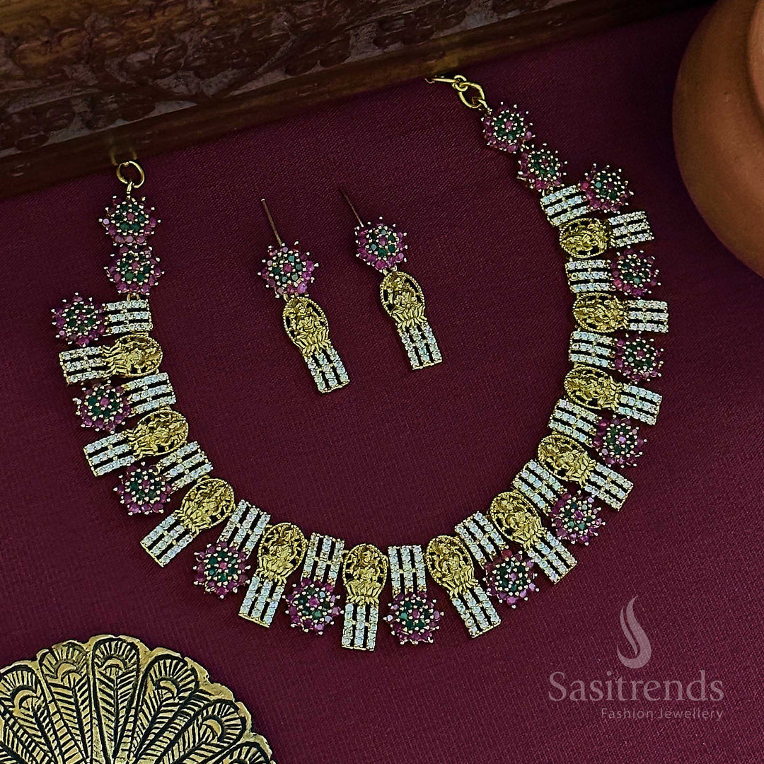 Trendy Lakshmi and Floral American Diamond Necklace Set - Perfect for Traditional Occasions - Sasitrends