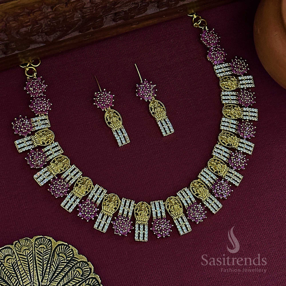 Matte Gold Plated New Party Wear Lakshmi & Floral AD Necklace Set - Latest Collection - Sasitrends