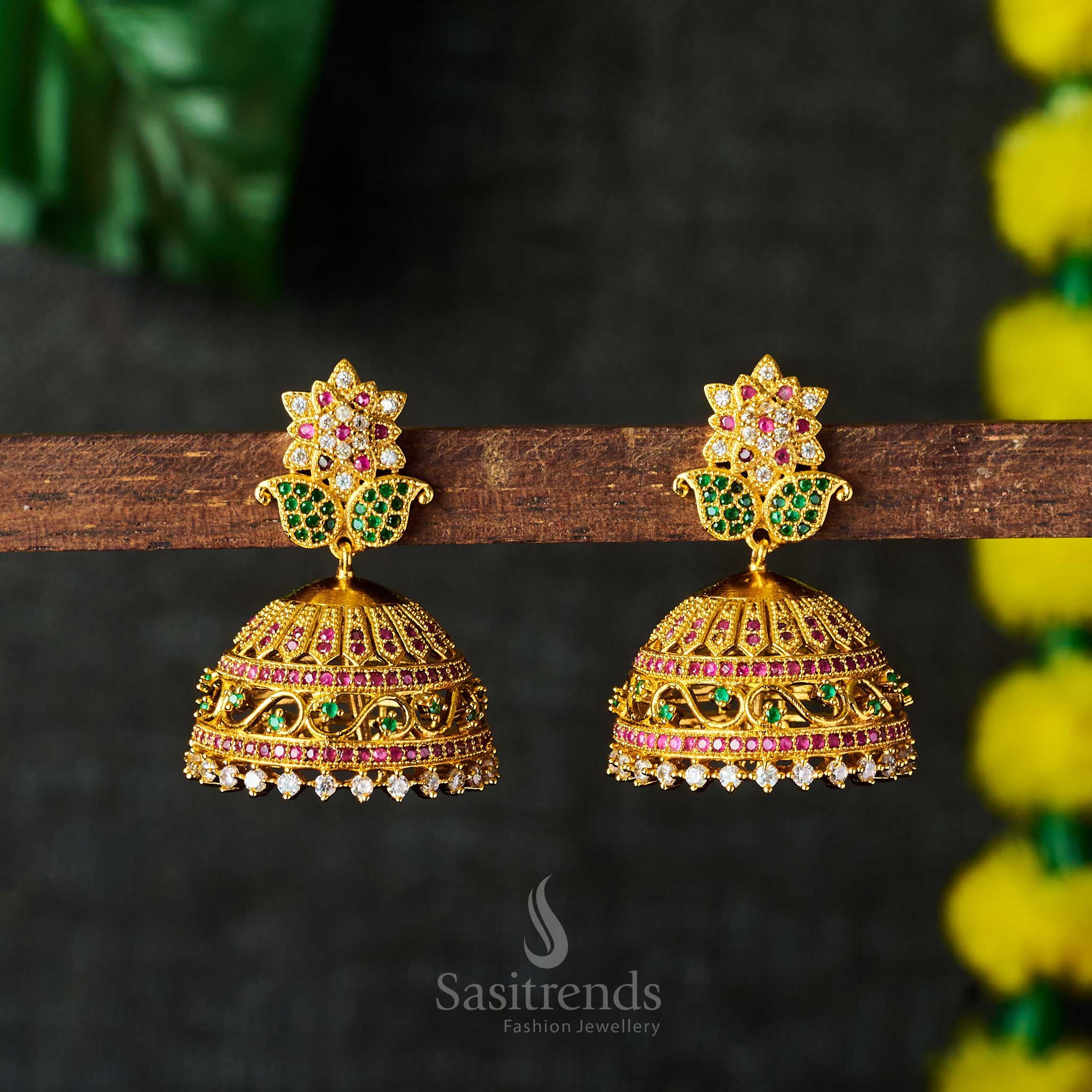 Exquisite AD Ruby-Emerald Leaf Jhumka Earring: A Symbol of Timeless Beauty