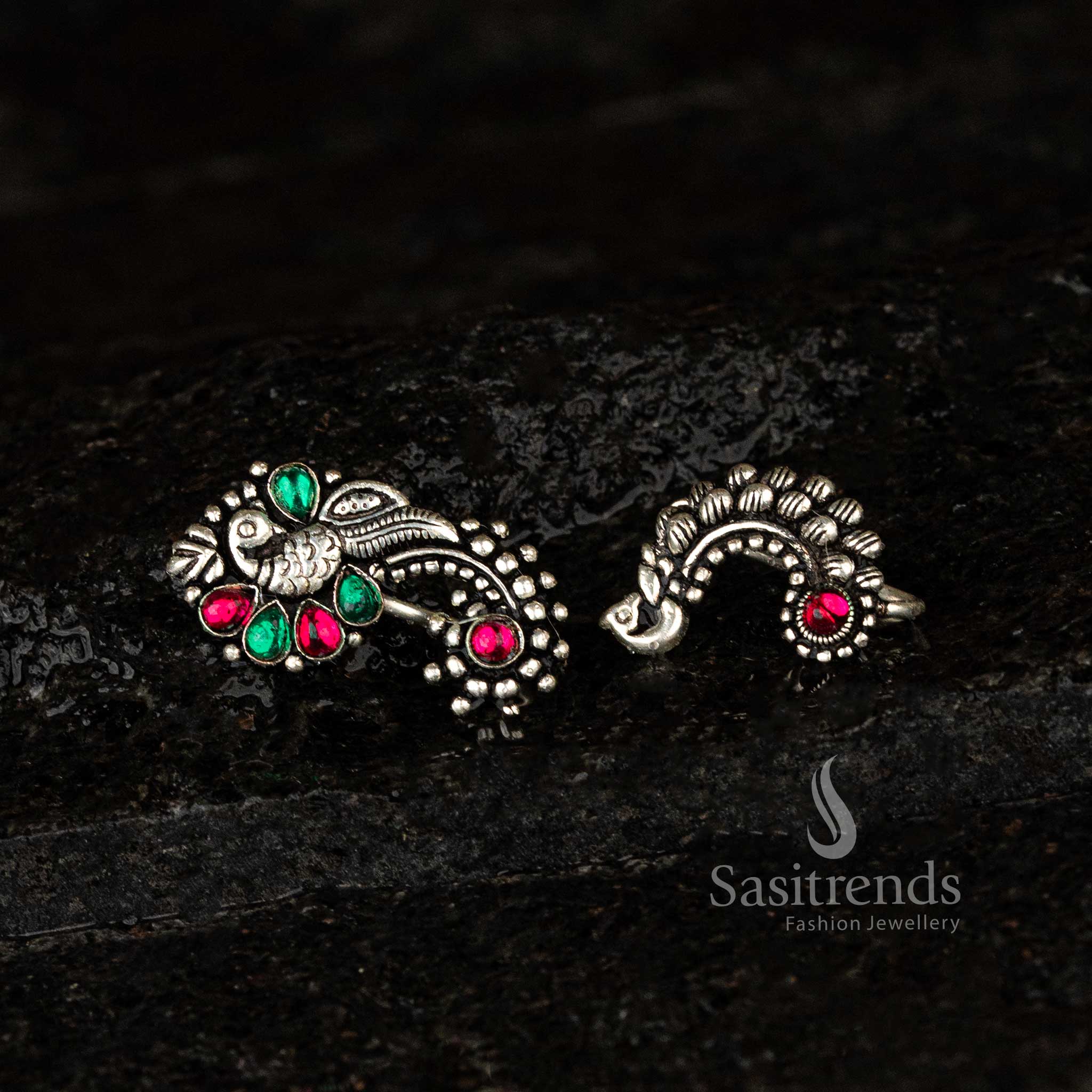 Dazzling Oxidised German Silver Peacock Designer Stone Nose Pin - Sasitrends