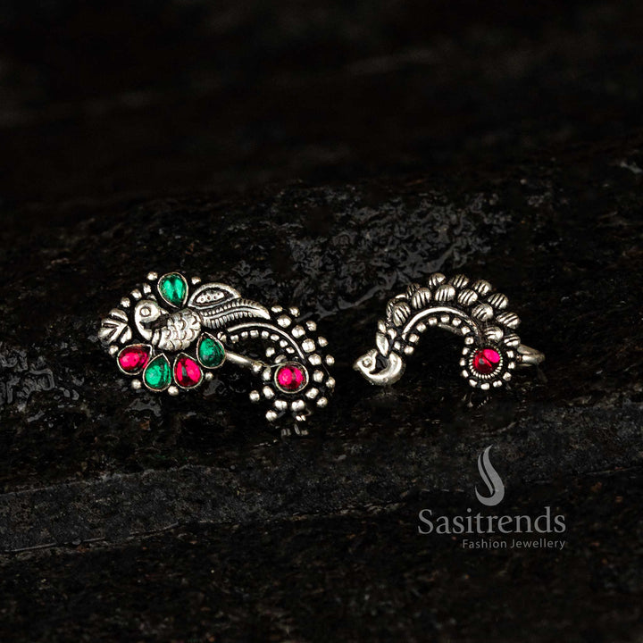 Exquisite Peacock Nose Pins Set in Oxidised German Silver & Stone