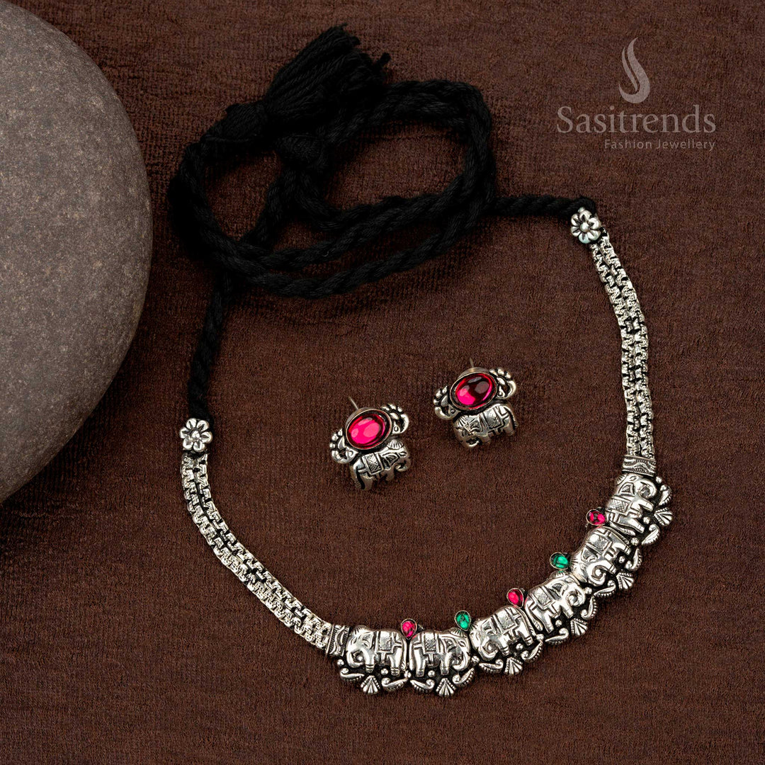 Kolhapuri oxidised jewellery set with elephant motif necklace and earrings - Sasitrends