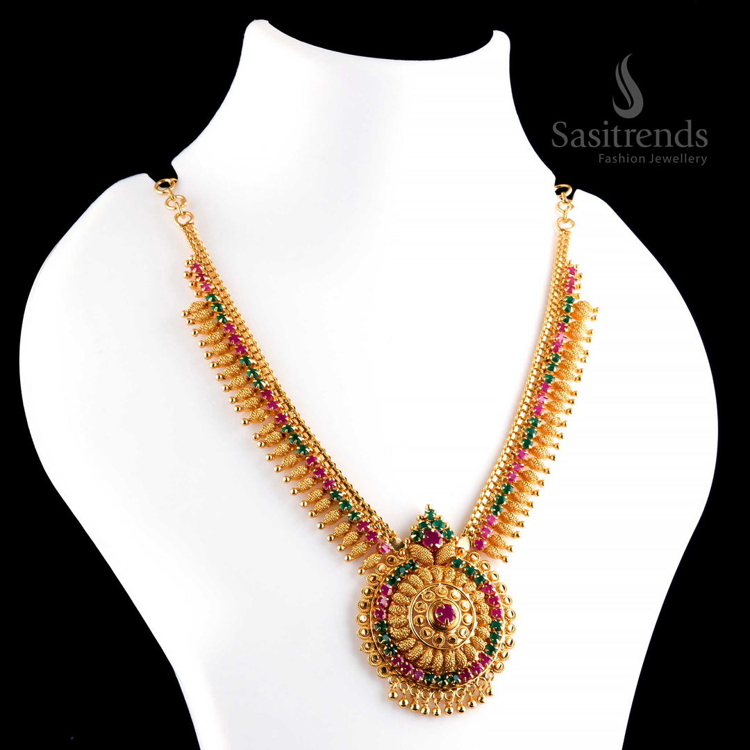 Stunning majestic micro gold plated ruby-green flower pendant grand necklace, adorned with golden balls and intricate traditional artwork - Sasitrends