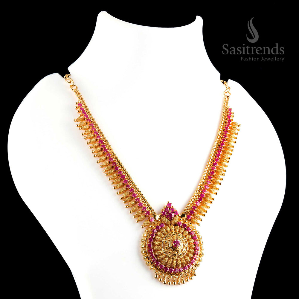 Elegant regal micro gold plated ruby flower pendant necklace with earrings, featuring polished golden balls and a classic finish - Sasitrends