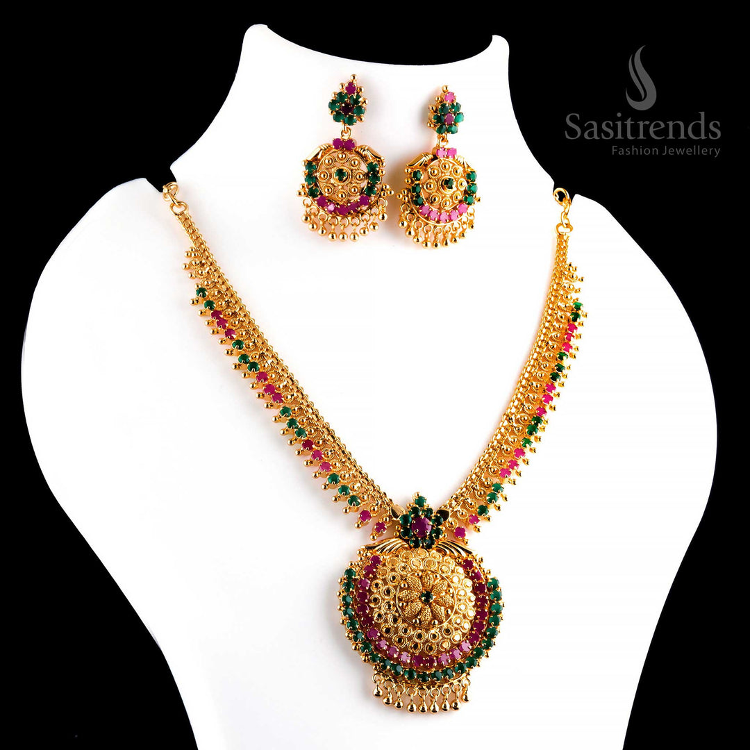 Beautiful graceful micro gold plated ruby-green flower pendant necklace with earrings, showcasing a finely carved design and golden ball embellishments - Sasitrends