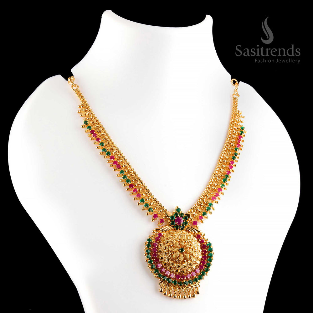 Exquisite opulent micro gold plated ruby-green flower pendant temple necklace, featuring golden balls and divine engraving - Sasitrends